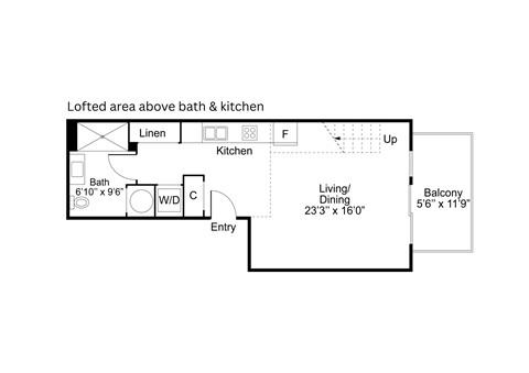 A floor plan of a house with a lofted area above the bath and kitchen.